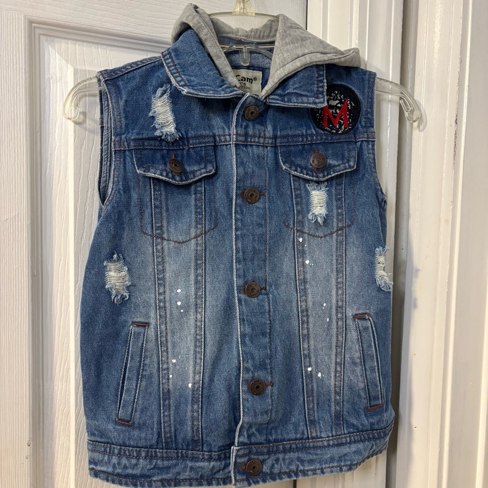Boys Blue Denim Distressed Vest with Gray Hood Size 5-6